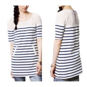 Anthropologie Postmark Jola Tunic Top Size Large Navy Stripe Eyelet Lace